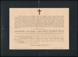1905 gr. Szapáry Gyula volt miniszterelnök halotti értesítője postán elküldve