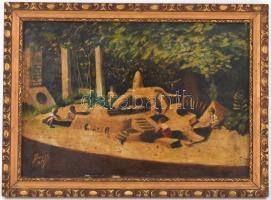 Brósz Irma (1911-1976): Játszótér. Olaj, karton. Kissé sérült fa keretben, 26x38 cm