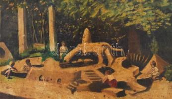 Brósz Irma (1911-1976): Játszótér. Olaj, karton. Kissé sérült fa keretben, 26x38 cm
