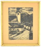 Olvashatatlan jelzéssel: Falusi utca. Szén, papír, kartonra kasírozva. Üvegezett, kissé kopott fa ke...