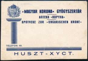 cca 1939-1944 Huszt, Magyar Korona Gyógyszertár receptborítékja