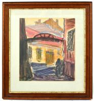 Farkas jelzéssel: Utcarészlet. Akvarell, papír. Üvegezett fa keretben, 31,5x26 cm