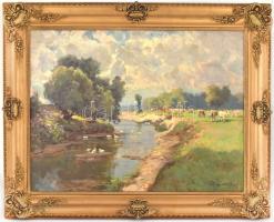 Kárpáthy Jenő (1870-1950): Vízparton. Olaj, vászon, jelzett. Díszes, kissé sérült neobarokk stílusú ...