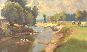 Kárpáthy Jenő (1870-1950): Vízparton. Olaj, vászon, jelzett. Díszes, kissé sérült neobarokk stílusú ...