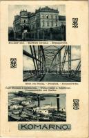 1936 Komárom, Komárno; Kerületi bíróság, Dunahíd, kikötő, gőzhajó, MFTR uszályok / district court, Danube bridge, port, steamships, barges. Art Nouveau
