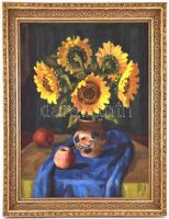 Schey Ferenc (1925-1997): Virágcsendélet. Olaj, farost, jelzett. Díszes, neoreneszánsz stílusú fa ke...