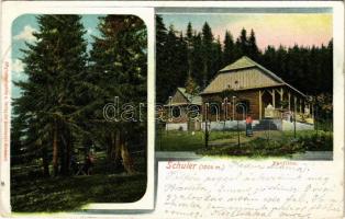 1910 Brassó, Kronstadt, Brasov; Schuler, Pavillon / Keresztényhavasi menedékház, pavilon, kert. Originalaufnahme u. Verlag der Buchhandl. Hiemesch / mountain peak, chalet, tourist house, pavilion, garden + "Schuler Schutzhaus 1590 m." (EK)