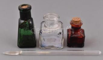 3 db tintás üveg használt állapotban, m: 5 cm, 5,5 cm, 7,5 cm + üveg penna, a hegye törött, h: 16 cm
