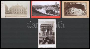 cca 1900 Városok, tájak, épületek (Berne, Párizs, stb.), 7 db keményhátú fotó, 6×10 és 11×16,5 cm kö...