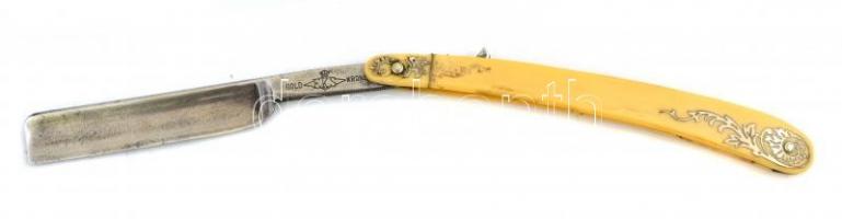 EKS Solingen, edzett szénacél penge, kis kopásokkal, h: 23,5 (nyéllel) + bőr borotva fenő, használt ...