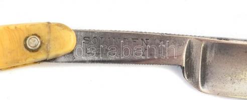 EKS Solingen, edzett szénacél penge, kis kopásokkal, h: 23,5 (nyéllel) + bőr borotva fenő, használt ...