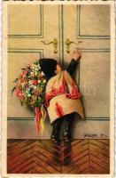 1932 Boy in traditional costumes, Hungarian folklore art postcard. Magyar Rotophot s: Pólya T. (fl)