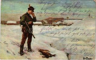 1916 Hunter with dead fox in the snow. K.V.B. Serie 9013. artist signed (szakadás / tear)