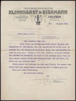 1911. április 12. Georg Biermann (1880-1949) német, lipcsei művészettörténész, lap- és könyvkiadó géppel írt levele autográf aláírásával Gerő Ödön (1863-1939) műkritikusnak díszes, szecessziós fejléces papíron. Említést tesz arről, hogy Szinyei-Merse április végéig kész lesz. 1911-ben jelent meg a Klinkhardt & Biermann kiadónál Lázár Béla Szinyei Merse Páról írt könyve német nyelven. Biermann ír egy Budapest n. kiadványról, amely feltehetően Takács Zoltán Die Neuerwerbungen des Museums für Bildende Kunst in Budapest, azaz a Szépművészeti Múzeum új szerzeményeiról szóló írása, amely a Biermann által kiadott Cicerone művészeti folyóirat különlenyomataként jelent meg. Biermann bejelenti, hogy előreláthatóan ápr. 22-én Budapesten lesz és akkor személyen megtárgyalhatják az ügyeiket. 1 beírt oldal/ 1911 april Autograph letter of Gerorg BIermann, Leipzig, German art historian and editor of the magazines Cicerone and Monatshefte für Kunstwissenschaft to Edmund Gerö, Hungarian journalist, critic about books that were published by Klinkhardt & Biermann and a meeting in Budapest with Gerő. 1 page