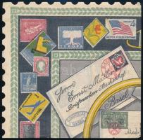 cca 1950-1960 Briefmarken feliratú szalvéta, 17×17 cm