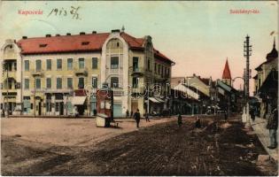 1913 Kaposvár, Széchenyi tér, Frank Béla, Grósz és Keszler, Leitner Sándor üzlete. Fenyvesi Béla kiadása