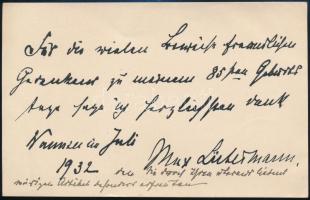 1932. július Wannsee, Max Liebermann (1847-1935) német festőművész, a századforduló kiemelkedő képzőművészének, a Berliner Secession alapító tagjának és korábbi vezetőjének autográf, aláírt levele Gerő Ödön (1863-1939) újságírónak, a Pester Lloyd műkritikusának kártyán. Megköszöni neki a 85. születésnapjára küldött gratulációt valamint az újságcikkben való méltatását. Gerő az 1939-ben megjelent Művészetről, művészekről című összefoglaló művében megemlíti Max Liebermannal való kapcsolatát, levelezését: Ötven esztendei műkritikusi munkámban sok olyan levél gyűlemlett nálam össze, amelyben művészek közreműködésemről megemlékeztek és meghatottan becsülöm meg Liebermann Miksának, a nagy német művésznek, azokat a szavait, amelyekben örömmel emlékezett meg egy tanulmányomról (...) Ld. Gerő Ödön: Művészetről, művészekről. Bp., é.n. (1939), Gergely R. kiadása, 75. o. Proveniencia: Gerő Ödön művészeti szakíró, újságíró lánya, Gerő Zsófia (1895-1966) hagyatékából. / 1932 July Autograph letter of painter Max Liebermann (1847-1935), Wannsee, Germany to Edmund (Ödön) Gerö, Hungarian journalist, critic, in wich he thanks for the wishes to his 85th birthday and for the a newspaper article. Gerő later wrote about his letters and connection to Max Liebermann in his book Művészetről, Művészekről (on art and artists), which was published in 1939 before his death, on page 75. On a card. Provenance: From the estate of Sophie (Zsófia) Gerő (1895-1966), daughter of Edmund (Ödön) Gerő.