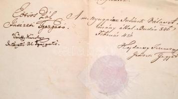 1846 A Magyar Nyugpénz Intézetben dolgozó királyi számvevő részére kiadott bizonyítvány, kiváló munk...