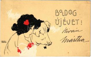 Boldog Újévet! / Art Nouveau lady and pig. New Year greeting art postcard. litho s: Raphael Kirchner