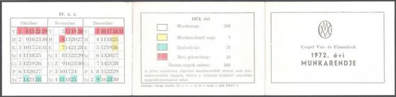 1972. Csepel Vas- és Fémművek 1972. évi munkarendje kártyanaptár, kihajtható