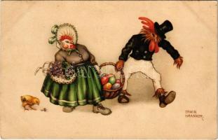 1919 Chicken family with eggs, Easter greeting humour. M. Munk Wien. litho s: Erwin Granner