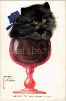 Heres to you - good luck! Cat in a wine glass. Valentines Lawson Wood Series No. 1063. s: Lawson Wood