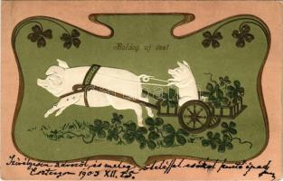 1903 Boldog Újévet! / New Year greeting card, pig with pig-drawn carriage. Art Nouveau, Emb. litho (EK)