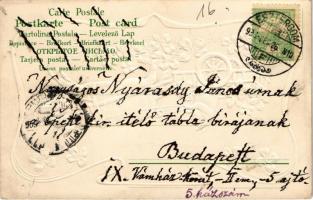 1903 Boldog Újévet! / New Year greeting card, pig with pig-drawn carriage. Art Nouveau, Emb. litho (...