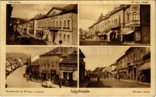 1943 Salgótarján, városház, Fő utca, Erzsébet tér, cukrászda, Irom Aladár, patika gyógyszertár, fodrász, Hoffmann Ármin üzlete