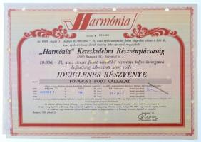 Budapest 1990. Harmónia Kereskedelmi Részvénytársaság ideiglenes részvénye 10.000Ft-ról szelvényekkel, lyukasztással érvénytelenítve T:III