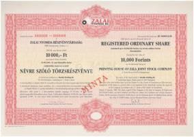 1999. Zalai Nyomda Részvénytársaság 2000db névre szóló törzsrészvénye egyben, egyenként 10.000Ft-ról, kétnyelvű, MINTA bélyegzéssel, szelvényekkel T:I