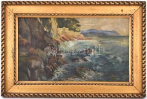 Irén 1913 jelzéssel: Sziklás tengerpart. Olaj vászon, sérült. Díszes antik, kissé sérült fa keretben...