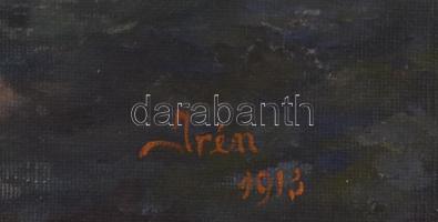 Irén 1913 jelzéssel: Sziklás tengerpart. Olaj vászon, sérült. Díszes antik, kissé sérült fa keretben...