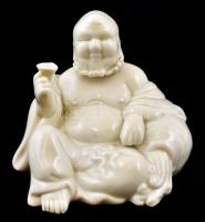 Fehér mázas porcelán Buddha, jelzett, kis kopásnyomokkal, m: 9 cm