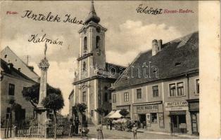 1905 Szentendre, Fő tér, templom, szobor, Schvarcz Vilmos, Weisz Márk és fia és Wuits István üzlete. Divald Károly (EK)