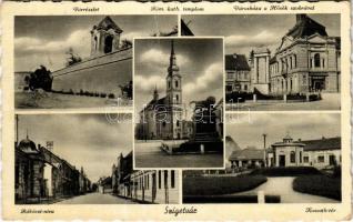1943 Szigetvár, Rákóczi utca, vár, Római katolikus templom, Városháza, Hősök szobra, Kossuth tér