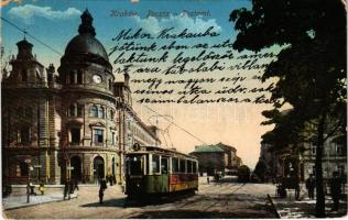 1915 Kraków, Krakau; Poczta / Postamt / post office, trams, street view + Militärpflege K.u.K. Festungsspital Nr. 3. in Krakau (EK)