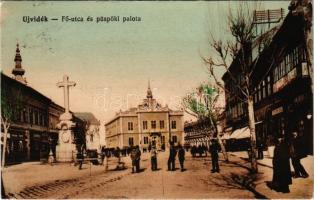 1915 Újvidék, Novi Sad; Fő utca és püspöki palota, Goldberg üzlete. Vasúti Levelezőlapárusítás 3278. / main street, bishops palace, shops