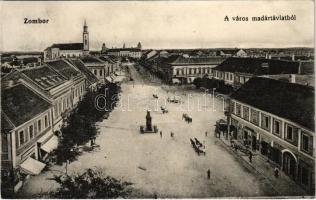 1914 Zombor, Sombor; a város madártávlatból, Fő tér, üzletek. Kaufmann Emil kiadása / general view, main square, shops