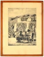 Molnár Gabriella (1940-): Szüret. Rézkarc, papír, jelzett, fa keretben, 39x30 cm
