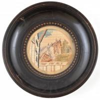 Masszív kör alakú, üvegezett fa keret, benne egy gobelinnel Képméret d: 18,5 cm, keret méret 34 cm