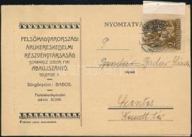 1938 Felsőmagyarországi Árukereskedelmi Rt. Schwarz Izidor Abaújszántó cég kétlapos árjegyzéke, postán elküldve, jó állapotban