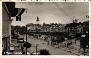 1943 Marosvásárhely, Targu Mures; Széchenyi tér, magyar zászlók, nyilvános telefon, Josefina Demetter üzlete / square, Hungarian flags, public telehone, shops