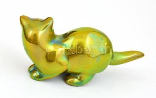 Zsolnay eozin mázas macska figura, jelzett, kopásnyomokkal, m: 5 cm, h: 10 cm