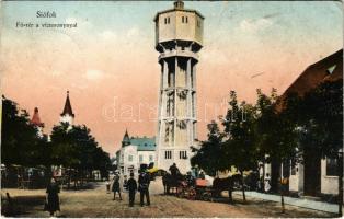 1915 Siófok, Fő tér, víztorony, lovaskocsik, piac (szakadás / tear)