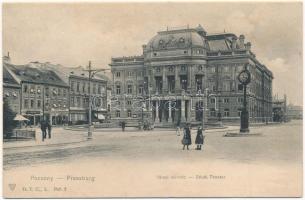 Pozsony, Pressburg, Bratislava; Városi színház, Böhr Ernő, Equitable és János üzlete / theater, shops (ázott / wet damage)