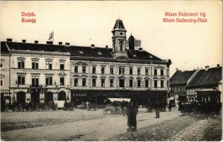 Eszék, Essegg, Osijek; Khuen Héderváry tér, lóvasút, Központi szálloda, R. Fischer, Florian Stanetty üzlete, takarékpénztár, Fonciere biztosító / square, shops, horse-drawn tram, Hotel Central, insurance company, savings bank