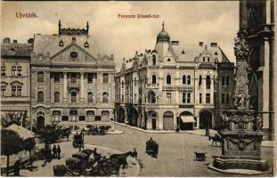 1913 Újvidék, Novi Sad; Ferenc József tér, Első Magyar Biztosító Társaság, cukrászda, takarékpénztár, piac / square, insurance company, confectionery, savings bank, market