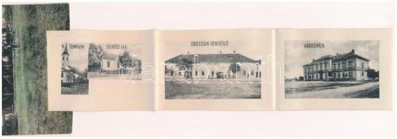 1915 Túrkeve, Szélmalom, férfi kerékpárral. leporellólap: M. kir. állami polgári iskola, Fő tér, Ref...