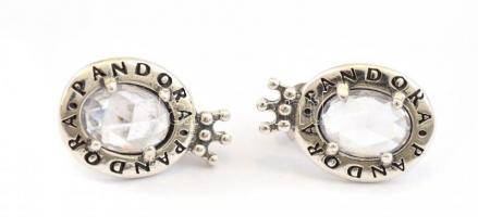 Ezüst(Ag) ovális köves fülbevalópár, Pandora jelzéssel, 1,2×1,7 cm, bruttó: 3,58 g